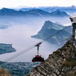 Téléphérique rejoignant une station de montagne au-dessus d’un lac
